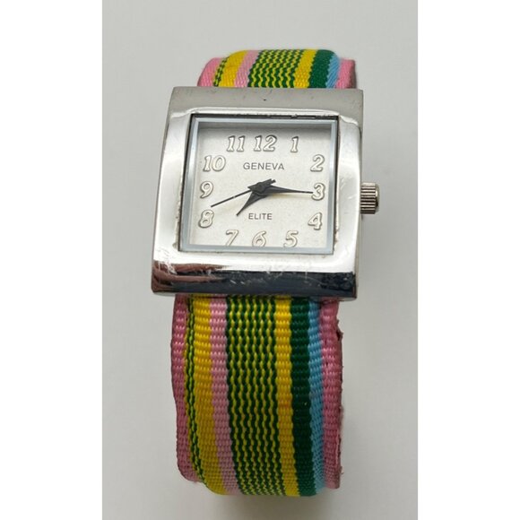Geneva Elite Womens Watch Rainbow Cuff Bracelet Colorful Striped Fabric Band - Picture 2 of 7